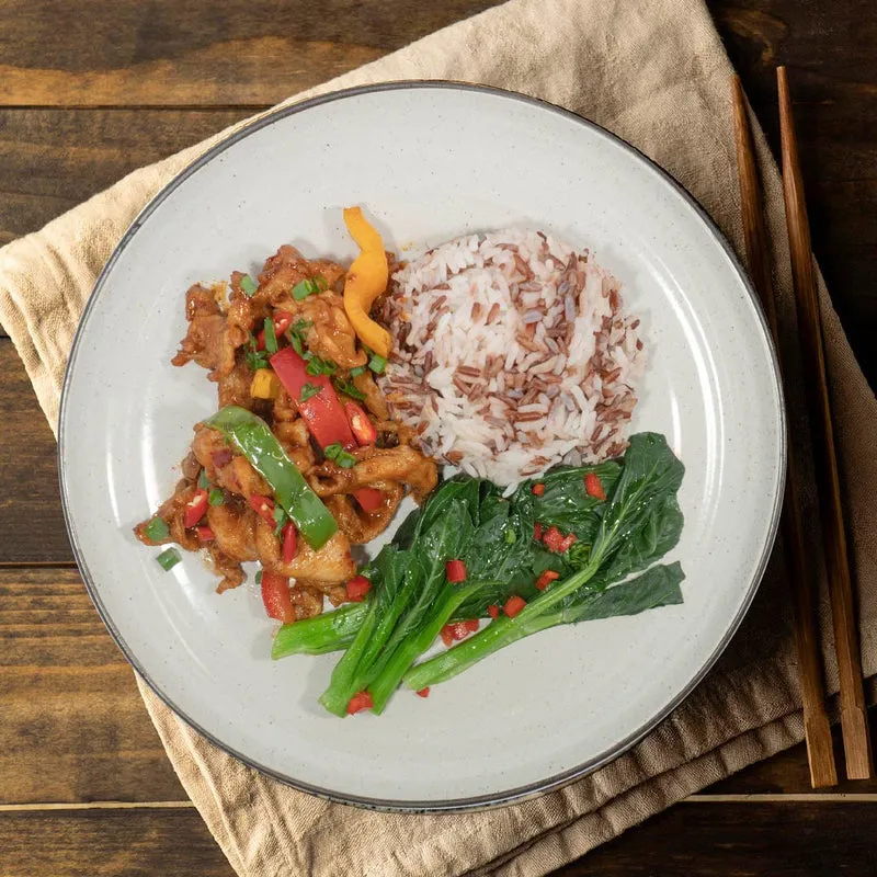 Tomato Garlic Stirfry Chicken W/ Seasonal Greens And Mix Grain Rice