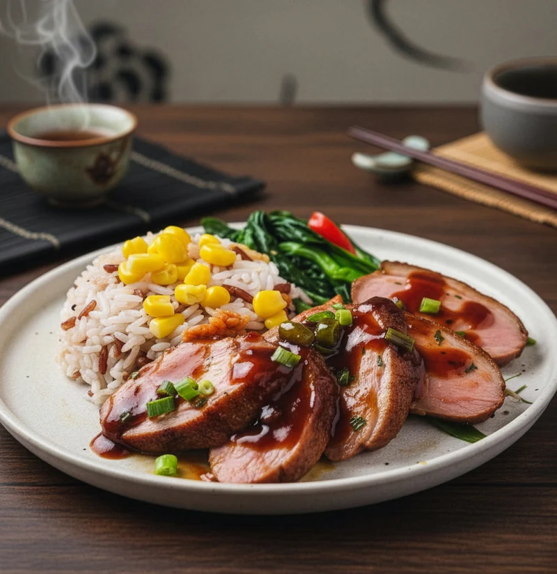 Ground Chilli Bean Sauce Marinated Duck Breast W/ Seasonal Vegetables And Corn Mix Grain Rice