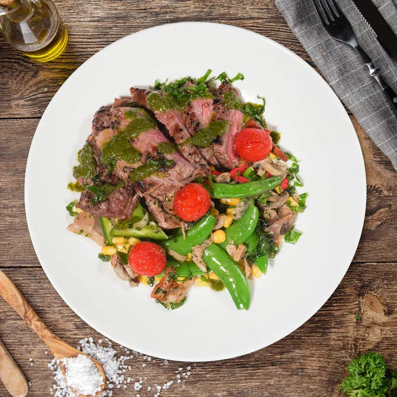 Chimichurri Grass Fed Ribeye Steak W/ Seasonal Greens
