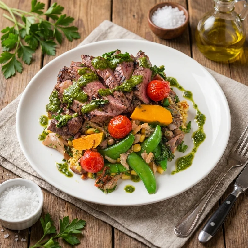 Chimichurri Grass Fed Ribeye Steak W/ Seasonal Greens And Pumpkin Cous Cous