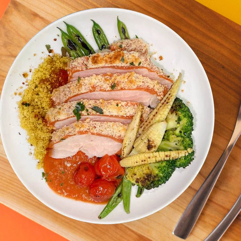 Low Fat Chicken Parmigiana W/ Healthy Greens And Italian Couscous