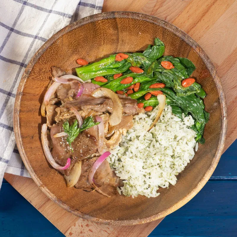 Healthy Japanese Beef Gyudon W/ Asian Greens And Seaweed Pearl Rice