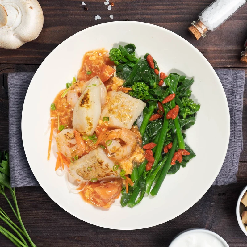 Singaporean Style Seafood W/ Seasonal Vegetables And Singaporean Tomato Egg Sauce