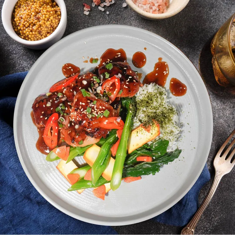 Japanese Teriyaki Chicken W/ Seasonal Vegetables And Seaweed Pearl Rice