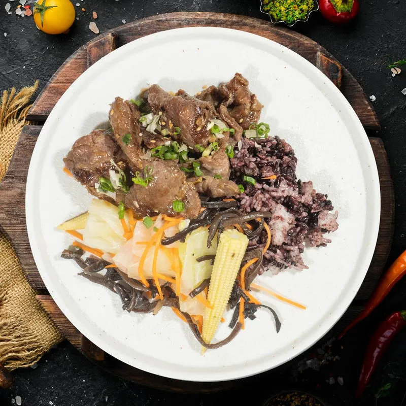 Korean Beef Bulgogi W/ Assorted Stir-Fry Vegetables And Purple Grain Rice