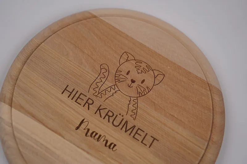 Brotzeitbrett rund personalisiert ,,Gravur Katze''
