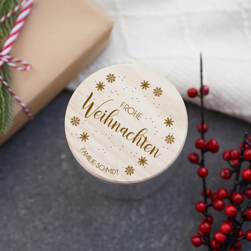 Vorratsglas "Frohe Weihnachten" personalisiert mit Schneeflocken