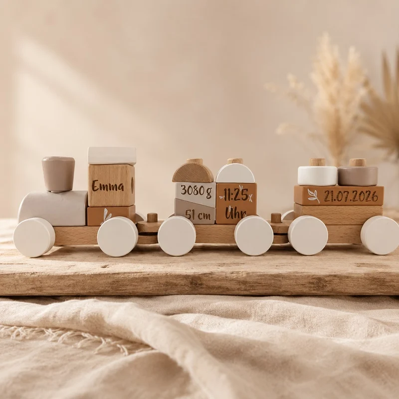 Personalisierter Holzzug zur Geburt mit Name & Geburtsdaten – Nougat
