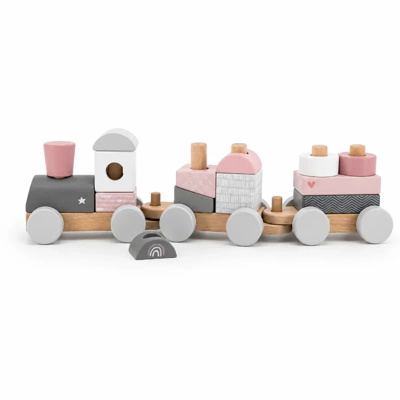 Personalisierter Holzzug zur Taufe mit Name & Taufdatum – Rosa | Label Label