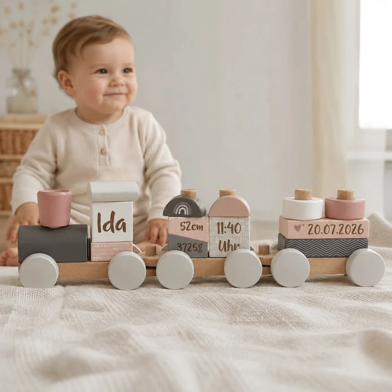Personalisierter Holzzug zur Geburt mit Name & Geburtsdaten – Rosa