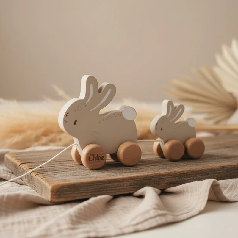 Personalisierbares Nachziehtiere Baby Bunny aus Holz