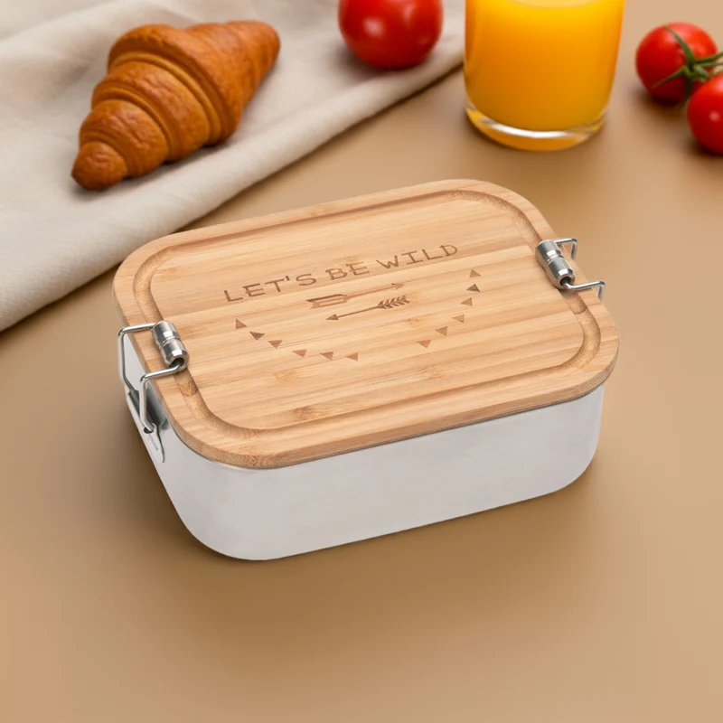 Lässig Edelstahl-Brotdose Adventure mit Bambusdeckel – optional mit Name