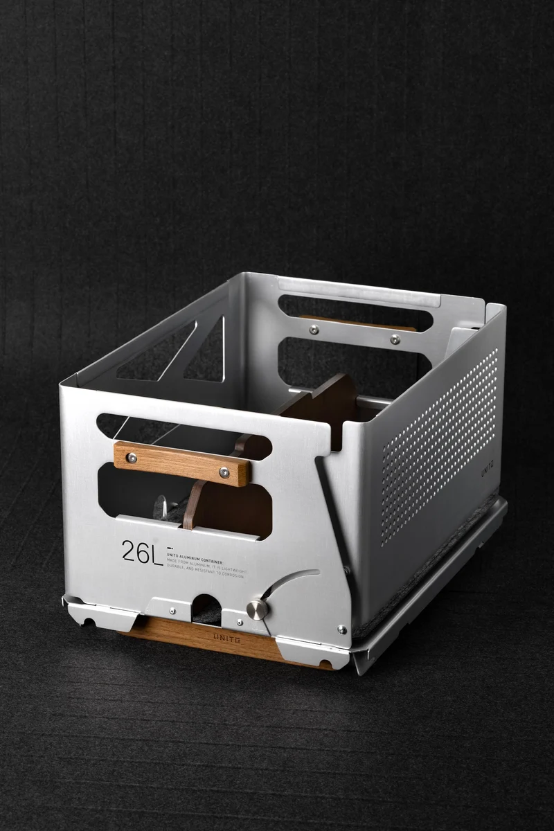UNITO Container 26L Full Set – Anodized Aluminum Storage System with Snow 25L Table & Teak Accessories