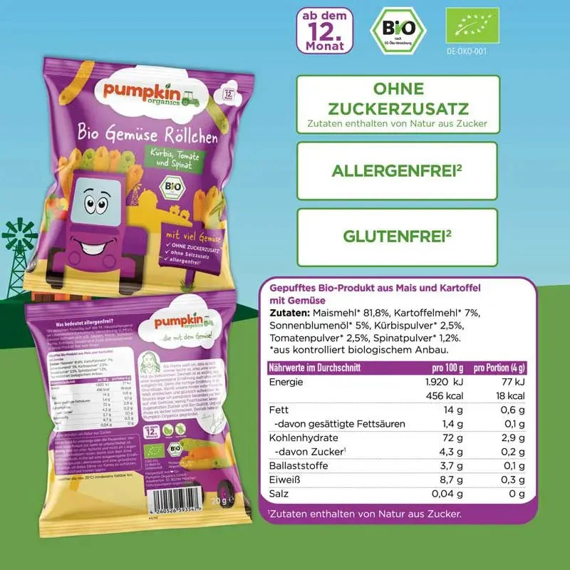 Bio Gemüse Röllchen Kürbis Tomate und Spinat (8er Pack)