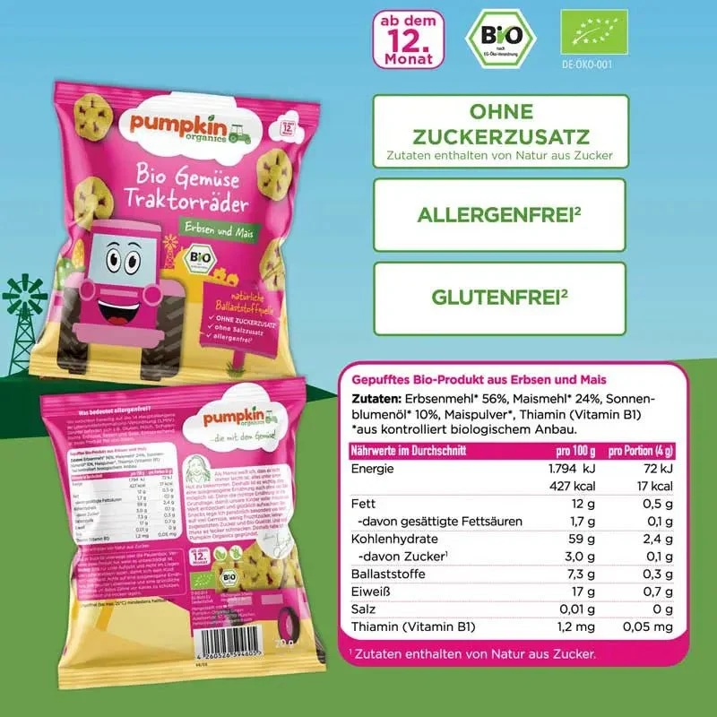 Bio Gemüse Traktorräder Erbsen und Mais (8er Pack)