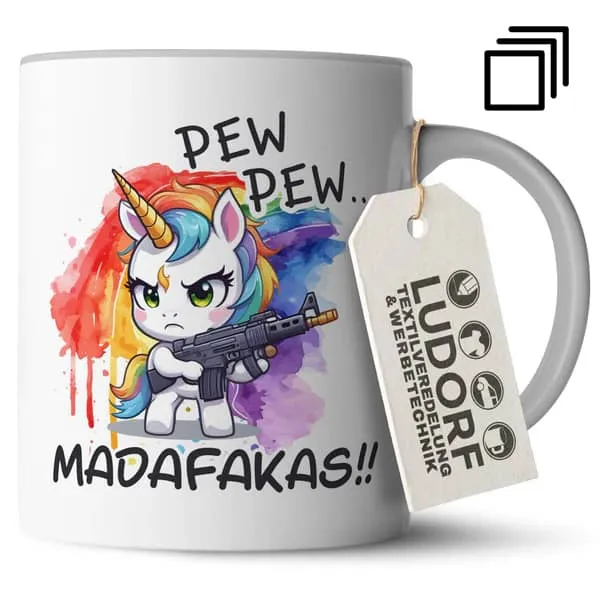 Lustige Keramiktasse mit verschiedenen Motiven