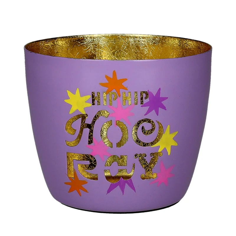 Windlicht "HIP HIP HOO RAY" - lila/gold