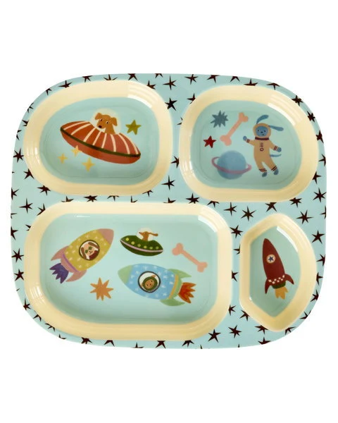 Melamin Kinderteller mit 4er Einteilung -Hellblau- Dogs in Space Print
