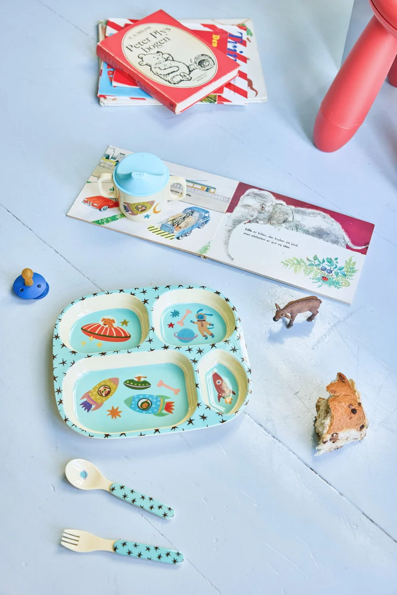 Melamin Kinderteller mit 4er Einteilung -Hellblau- Dogs in Space Print