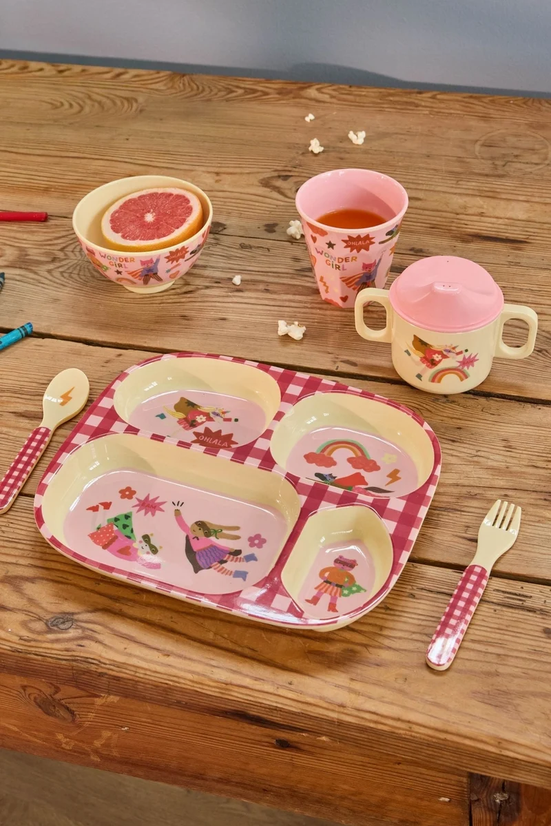 Melamin Kinderteller mit 4er Einteilung -Pink- Superheld Print