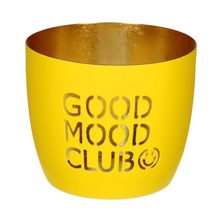 Windlicht "Good mood club" neon gelb/gold