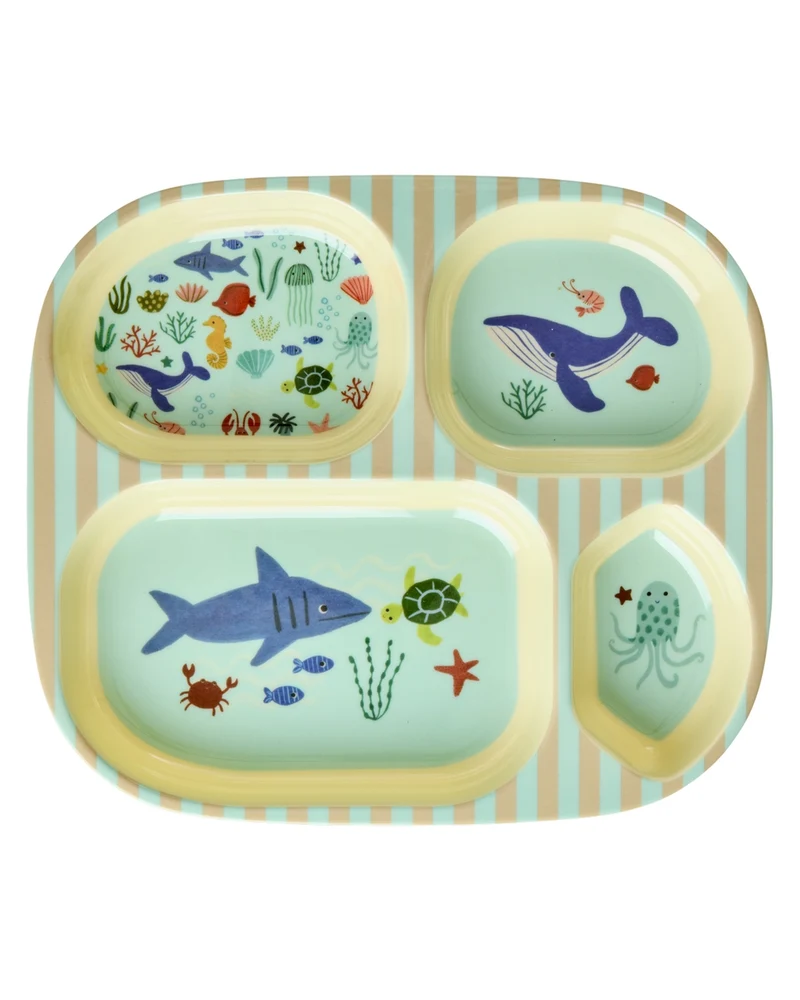 Melamin Kinderteller mit 4er Einteilung - Blau - Ocean Print