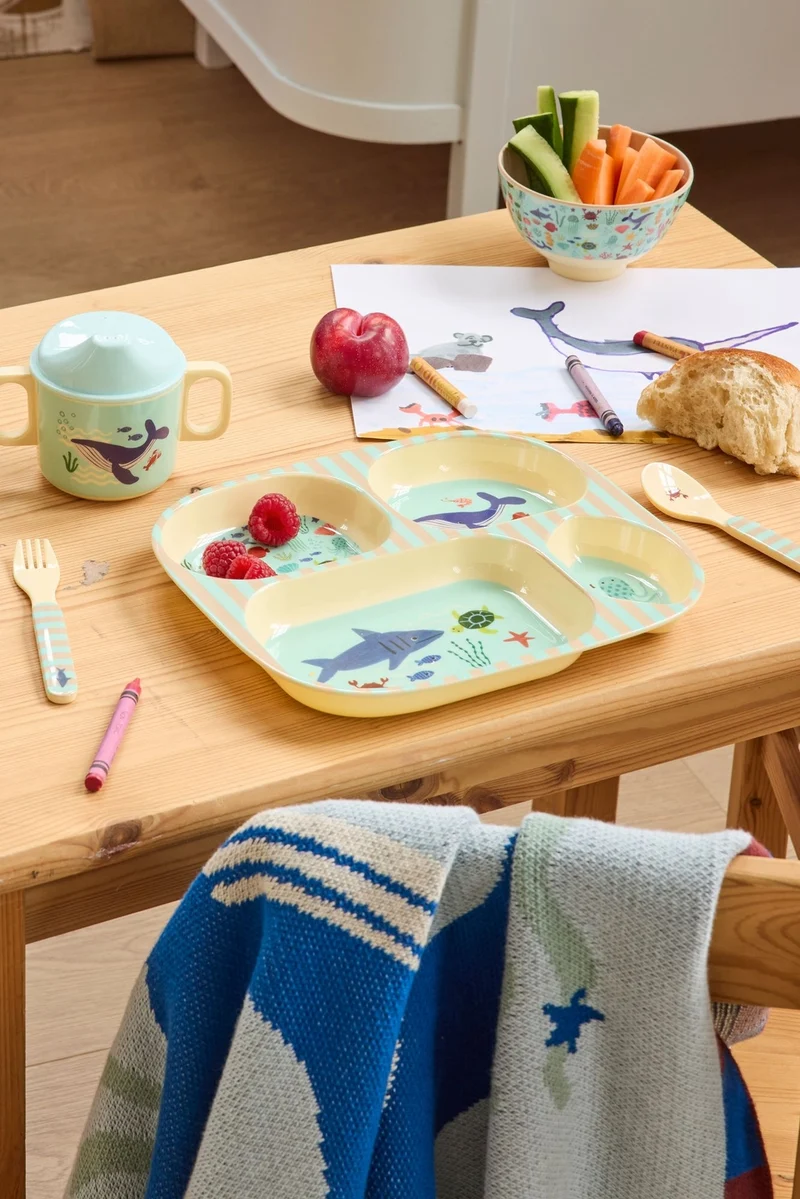 Melamin Kinderteller mit 4er Einteilung - Blau - Ocean Print