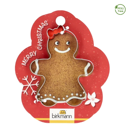 Ausstechform 'Lebkuchenfrau', 8 cm, Edelstahl, auf Geschenkkarte
