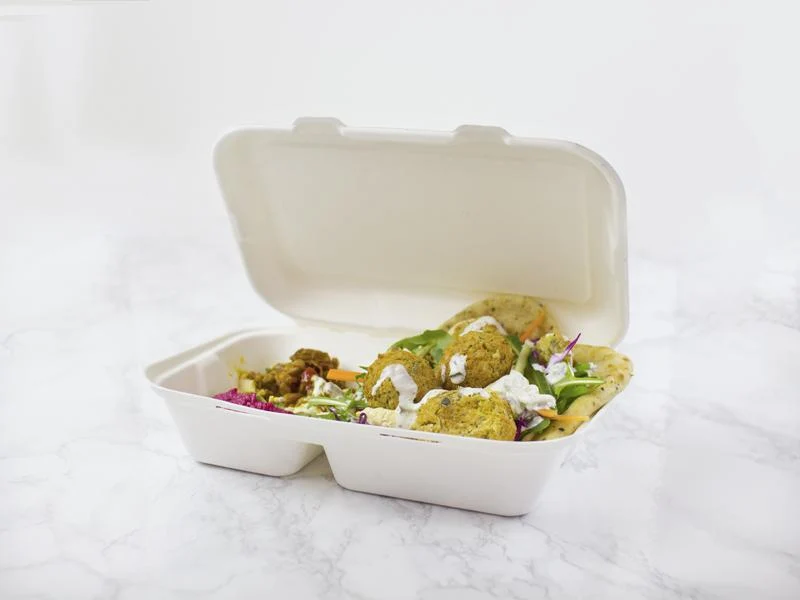 9 x 6in (2 compartment) bagasse meal box - white