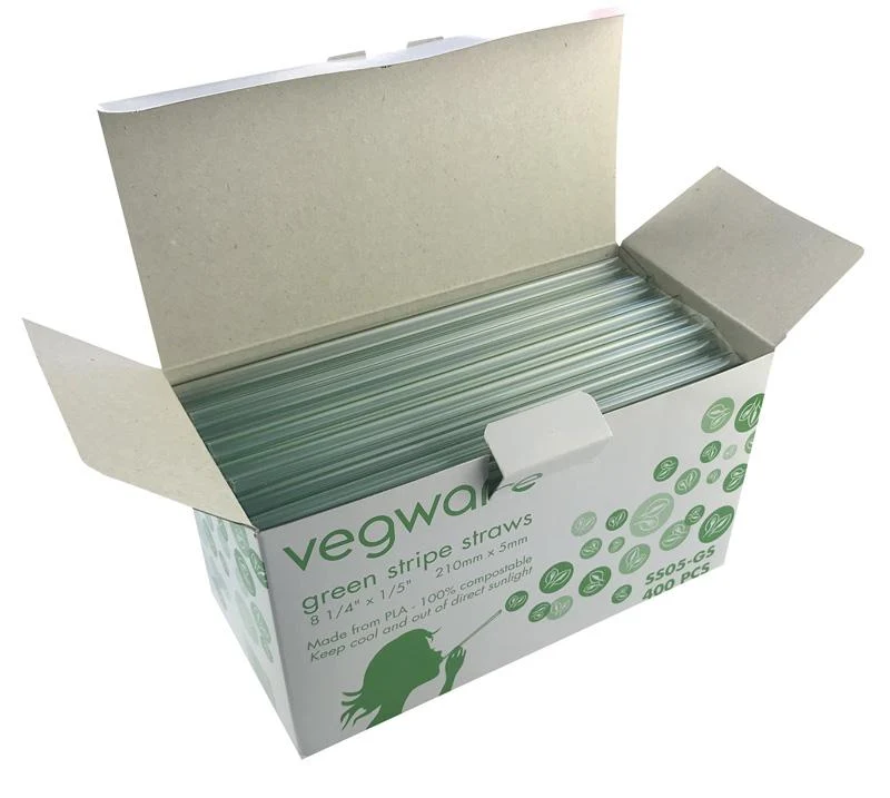 High ball 5 x 210mm clear PLA green stripe straw