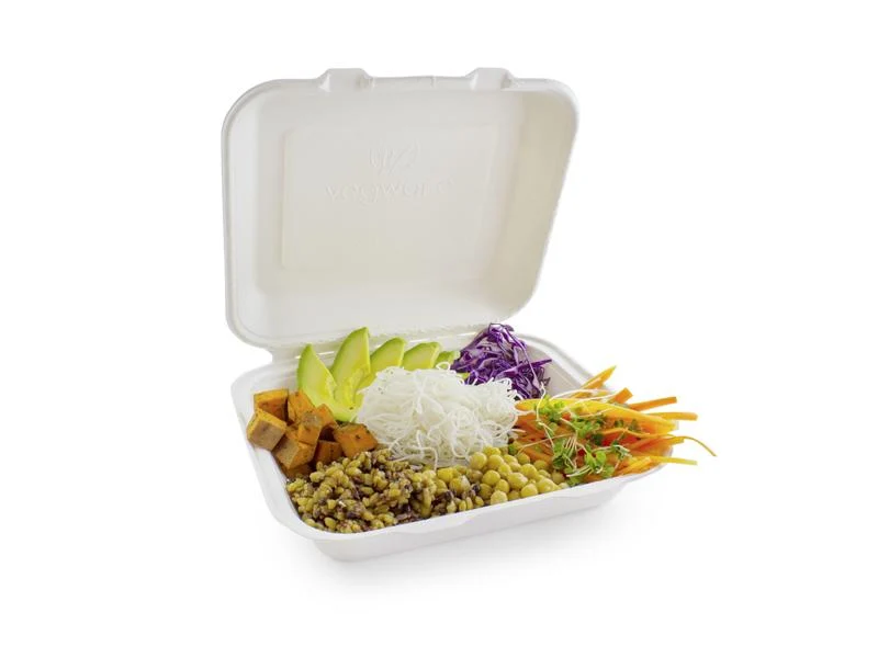 8in square bagasse lunch box - white