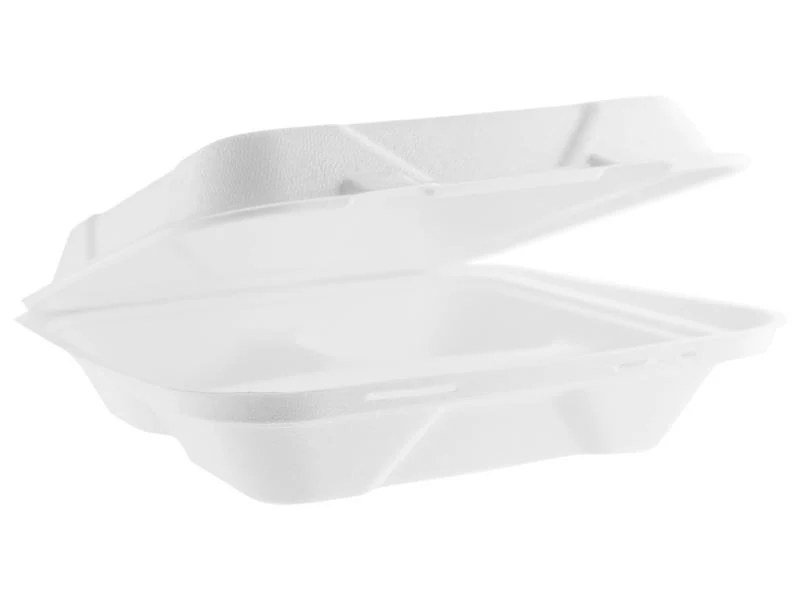 9in (3 compartment) bagasse lunch box - white