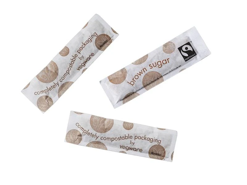 Fairtrade raw sugar sticks, compostable wrap
