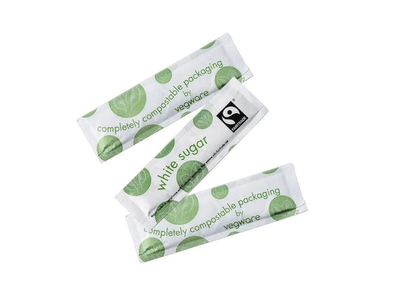 Fairtrade white sugar sticks, compostable wrap