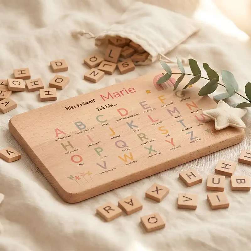 ABC Brettchen Kinder personalisiert – Regenbogen pastell