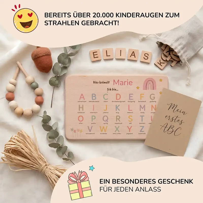 ABC Brettchen Kinder personalisiert – Regenbogen pastell