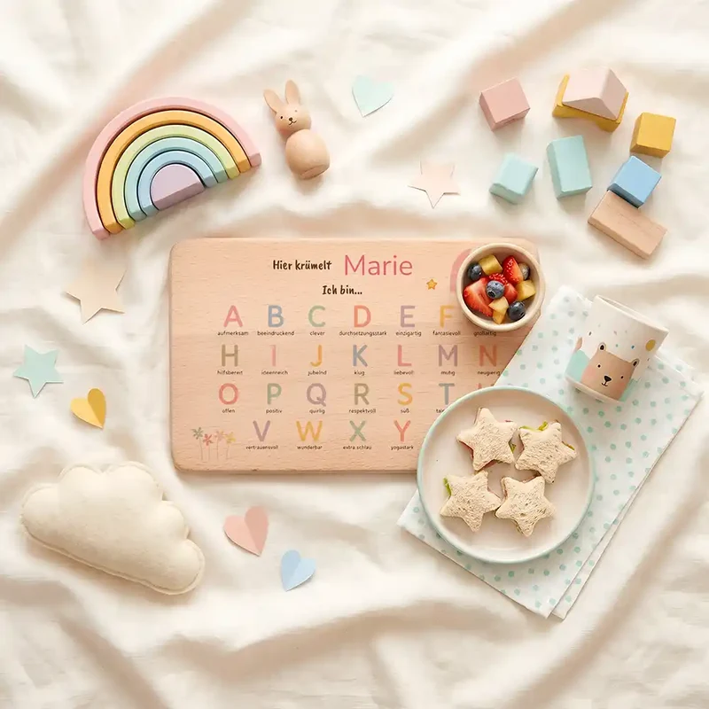ABC Brettchen Kinder personalisiert – Regenbogen pastell