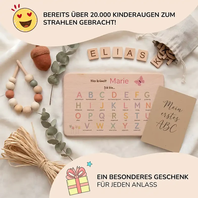 ABC Brettchen Kinder personalisiert – Schmetterling pastell
