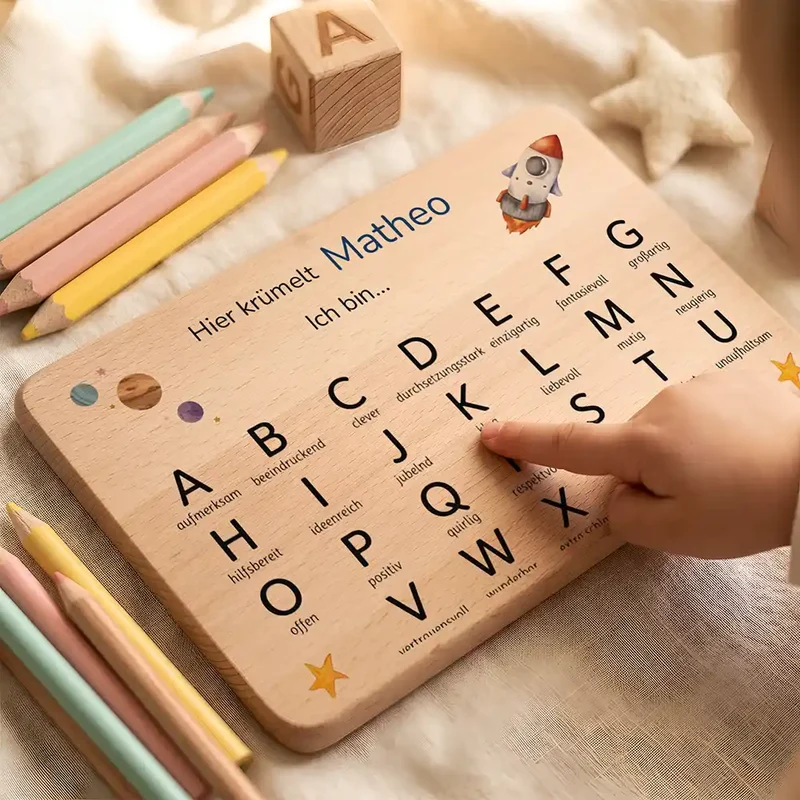 ABC Brettchen Kinder personalisiert – Weltraum Rakete