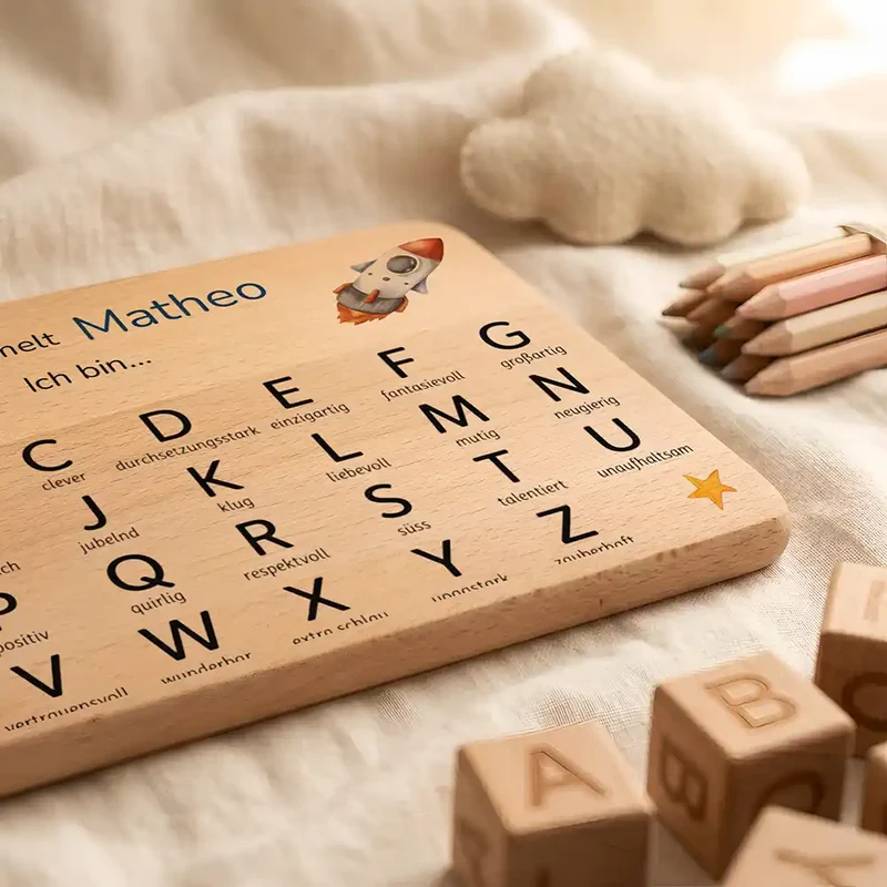 ABC Brettchen Kinder personalisiert – Weltraum Rakete