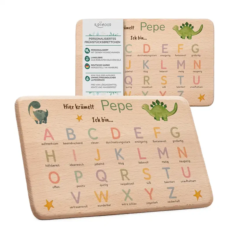 ABC Brettchen Kinder personalisiert – Dinosaurier pastell