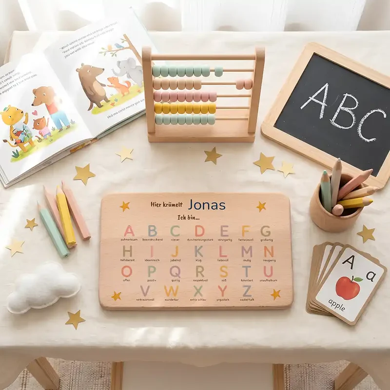 ABC Brettchen Kinder personalisiert – Sterne pastell
