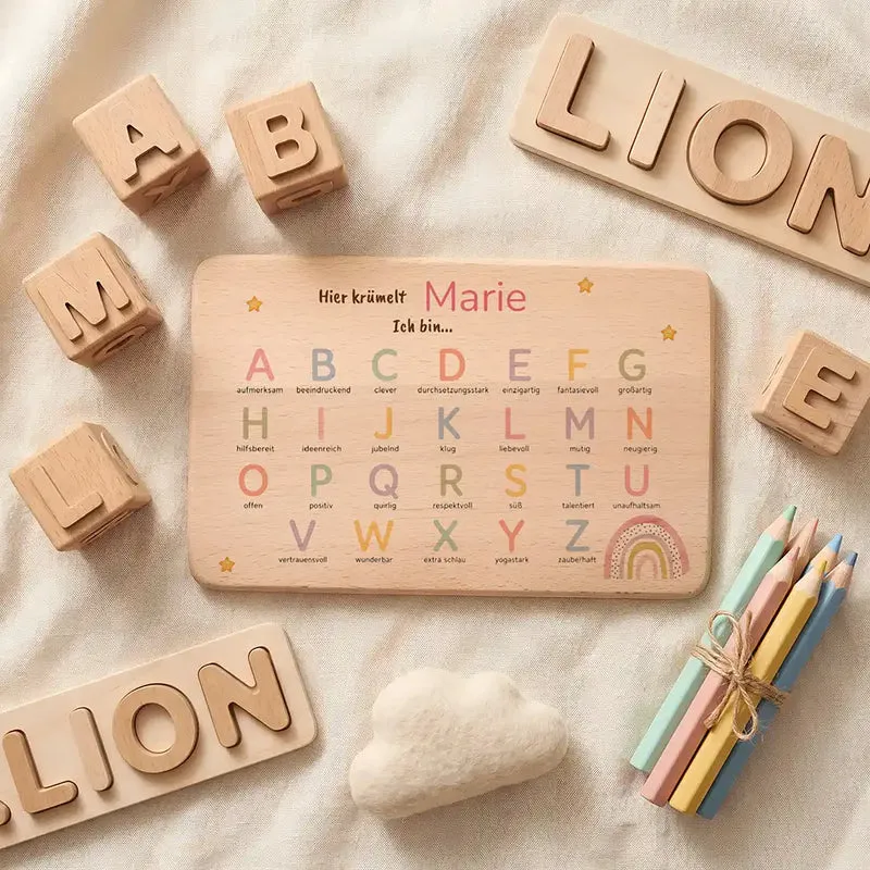 ABC Brettchen Kinder personalisiert – Sterne & Regenbogen