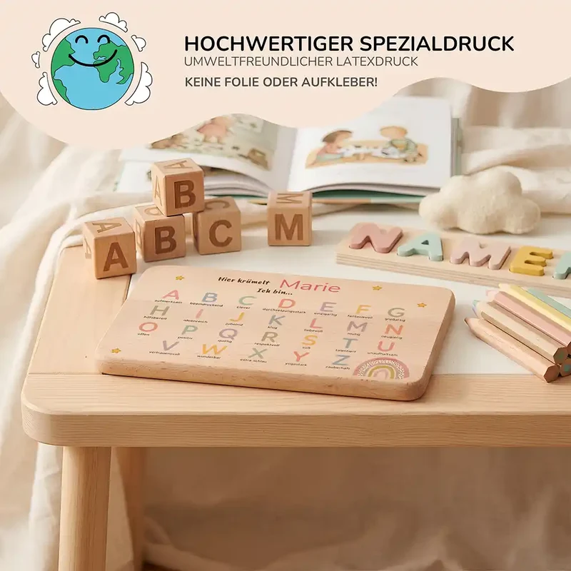 ABC Brettchen Kinder personalisiert – Sterne & Regenbogen