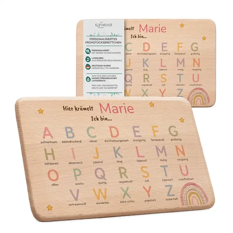 ABC Brettchen Kinder personalisiert – Sterne & Regenbogen