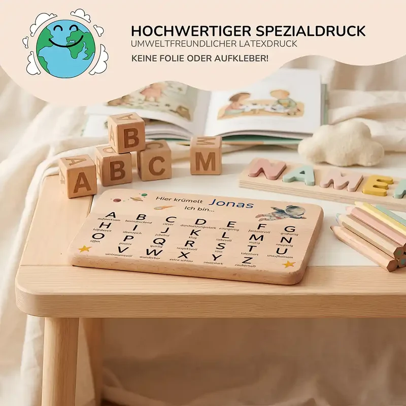 ABC Brettchen Kinder personalisiert – Astronaut Weltraum