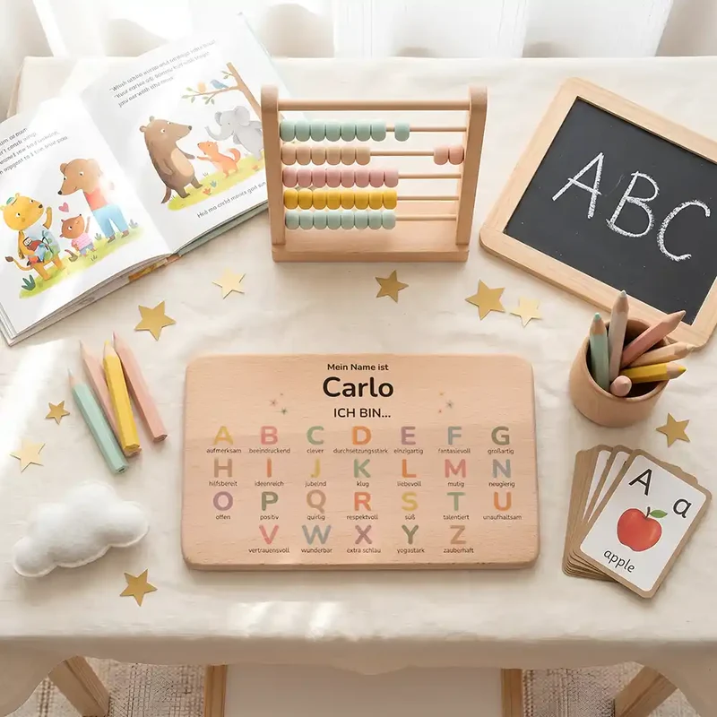 ABC Brettchen Kinder personalisiert – Wolke & Regenbogen