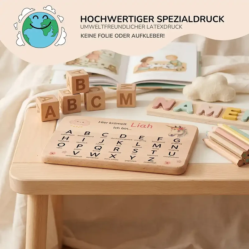 ABC Brettchen Kinder personalisiert – Einhorn Wolke