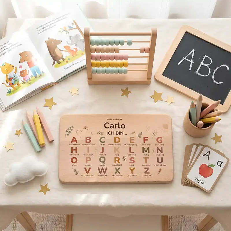 ABC Brettchen Kinder personalisiert – Wald-Tiere Pilze