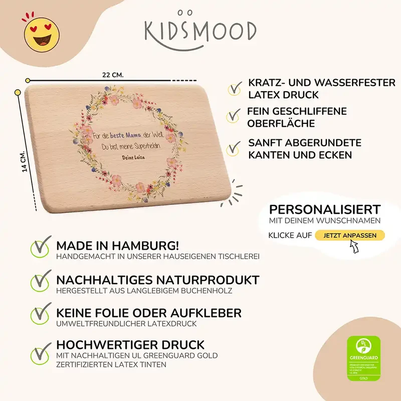 Personalisiertes Frühstücksbrettchen Muttertag – Wildblumen Beste Mama